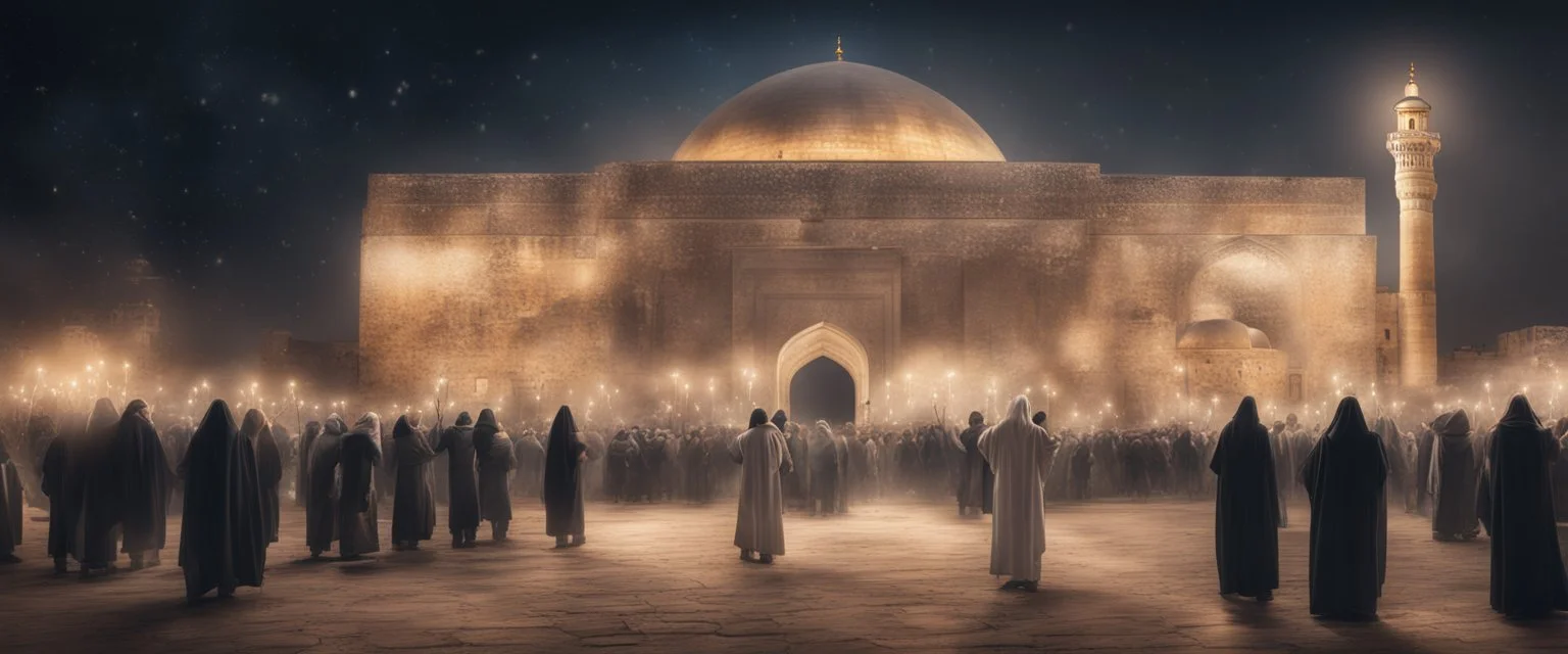 Hyper realistic celebration outside Al-Aqsa Mosque with garland light at night