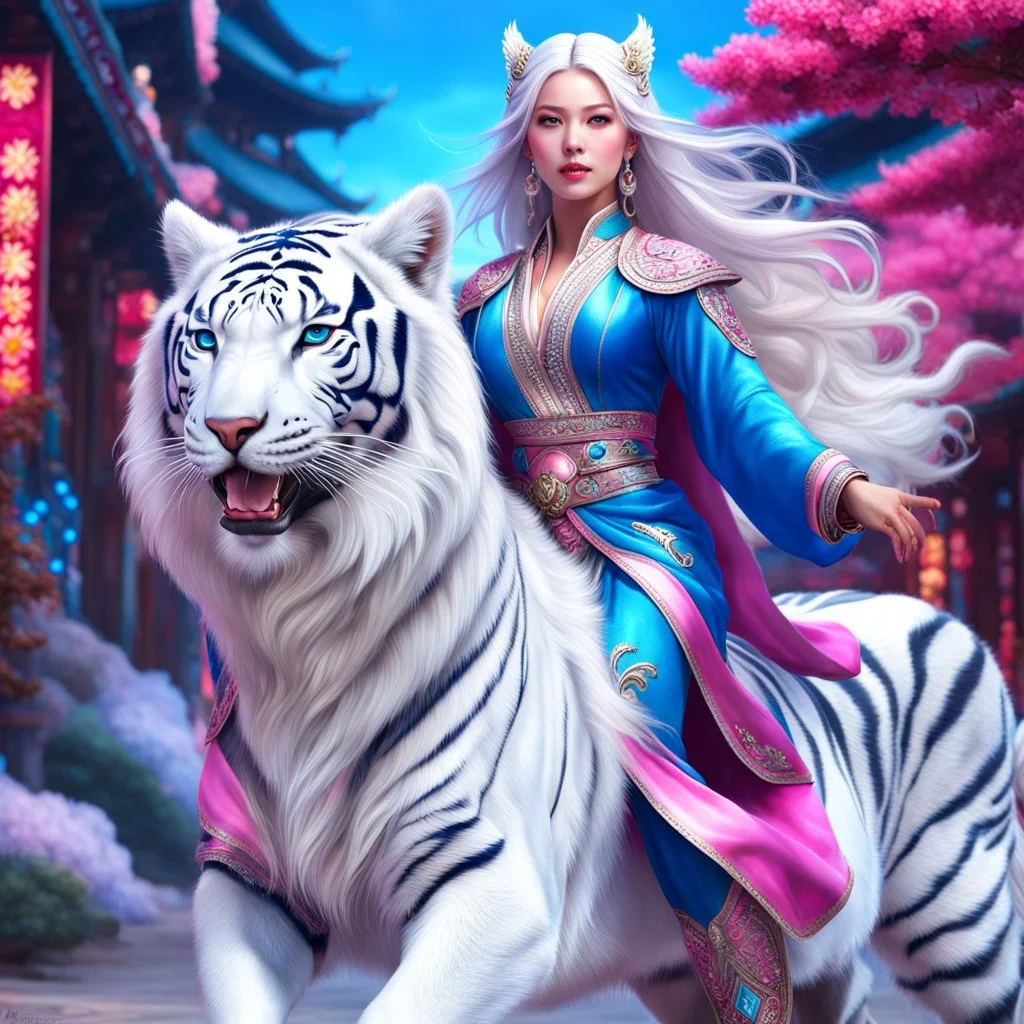 (masterpiece, best quality, 8k, RAW photo, beautiful and aesthetic:1.2), complex detail, Indirect light, photorealistic, (((full body))), 2 Gorgeous Cosmic asian goddess smiling, long white hair, blue eyes, Mixed, sci-fi and traditional asian outfit with pink velvet and white furs, riding a white tiger who is running in a colorfull snowy landscape with bokeh