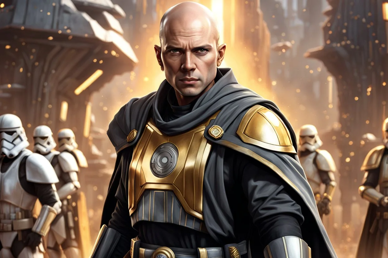 star wars bald male corellian jedi pilot wearing black and gunmetal grey old republic armored robes with gold trim, alone, battle-ready Jedi Master defending a ruined ancient city surrounded by golden light, centered head and shoulders portrait, hyperdetailed, dynamic lighting, hyperdetailed background, 8k resolution, volumetric lighting, light skin, fully symmetric details