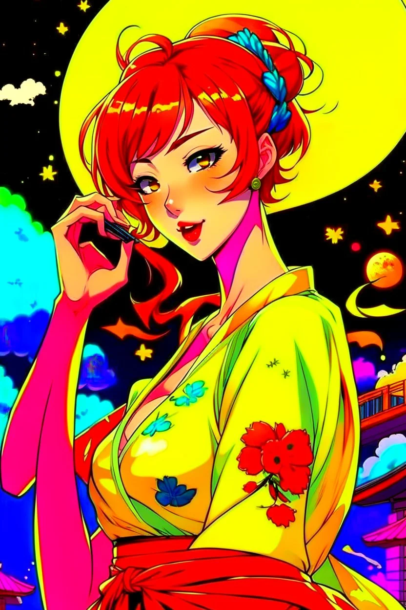 (Asian), short hair, fiery red hair hair, normal hands yukata, yellow clothes, 8k, best quality, winking, very dark night time, lighting from moon yellow moon, perfect, masterpiece, anime style, cartoon style,