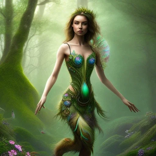 upper body of yohan diniz, fast walker, as a young cute feminine woman, short hair, green forest background, stream, mega flowers, tiny birds of many colors,peacock, sunlight