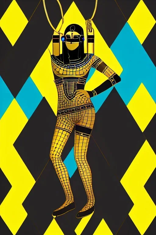 Realistic photograph. Geometric 3D tiling on the background, Egyptian woman, Whip. Bronze color, Yellow, Black Cyan. Cyber-punk full-mask. Big old AKG headphones, golden rings & disc. Selfie both hands. Asian, lightly armored, electronic circuits. Thick tights, thick calves, bend fell, wide hip, flat belly. Ancient artifact attached. Perfect body. Matrix movie clothes, Silver leather area, tippet, latex. Wicked sneakers. Daft Punk, Tron Movie. Haute Couture. 1990's. Ancient telephon