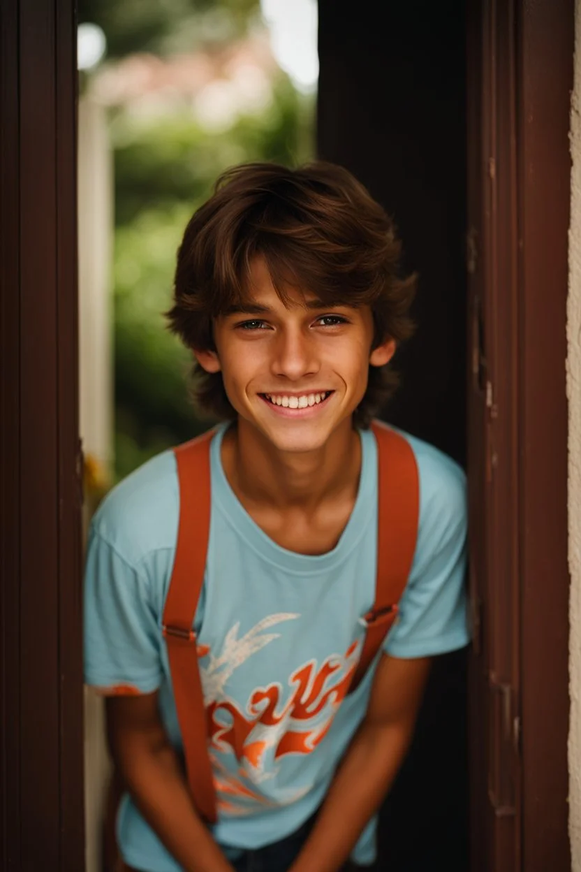 15 year old young boy with lightly tanned skin and medium length brown hair wearing a teeshirt, standing by a door, smiling