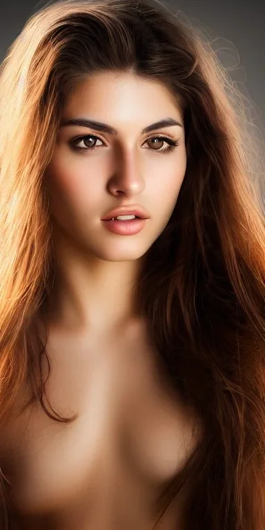 UltraHD, 8k, Studio portrait photo of a hot woman age of 20, beautiful pretty face, half spanish, half american, gray cat eyes, brown hair, very detailed face, studio lighting, fantasy, brown ratio, sharp focus color, corrected hyper detailed pino daeni