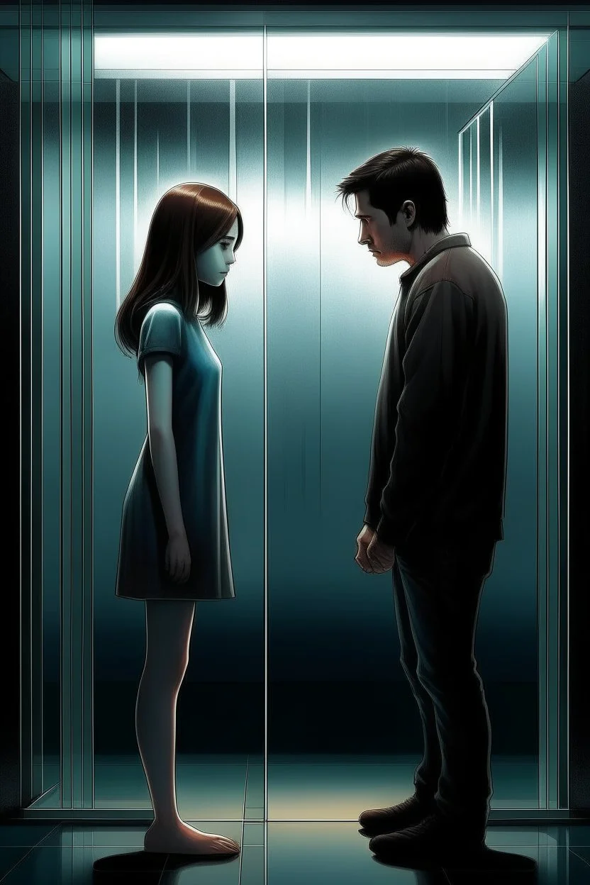 The cover of a song expresses a girl standing on a dark side and looking at a man on the other side, a bright side, but he does not see her, and they are separated by a glass wall that prevents her from crossing into it Photorealistic