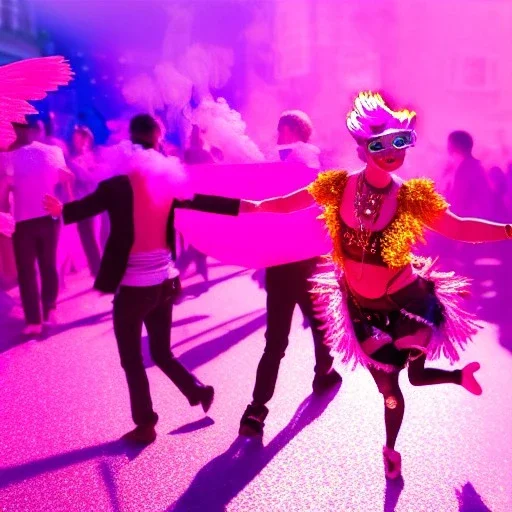 Ultra Realistic photo, medium shot view, drunken dancer sexy women, carnival scene, steampunk. Pink hair, confeti, Sunglasses, smoking, happy, festival, red fog. highly detailed, concept art, unreal engine 5, ray tracing, RTX, lumen lighting, ultra detail, volumetric lighting, 3d, finely drawn, high definition, high resolution.