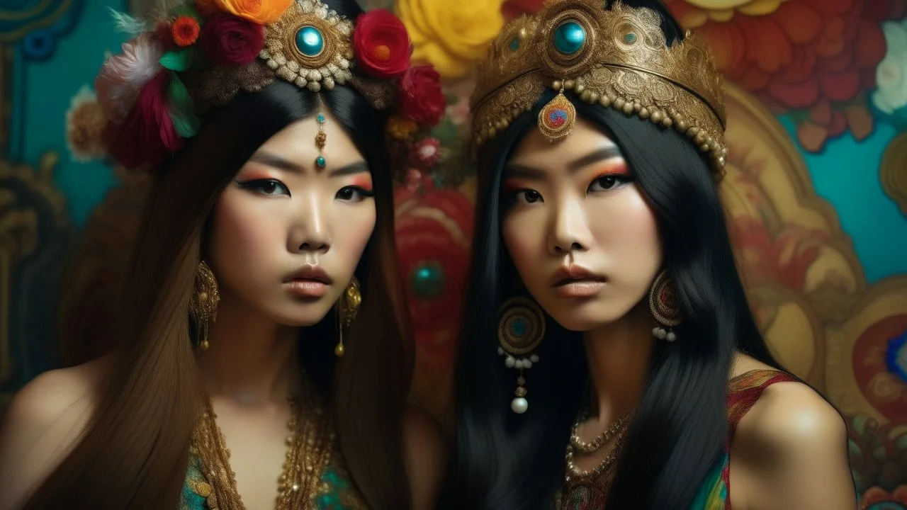 Two young Asian women with long dark hair wearing elaborate headdresses and ornate jewelry against a colorful, abstract floral background