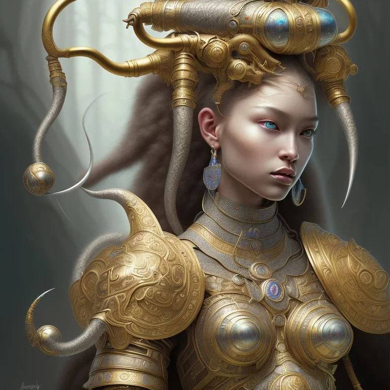 Sango fantasy, fantasy magic, intricate, sharp focus, illustration, highly detailed, digital painting, concept art, matte, art germ and Paul Lewin and Kehinde Wiley, masterpiece silver elephant head bronze Buddha Asian African girl nice breast Hawaiian hair turquoise golden waves