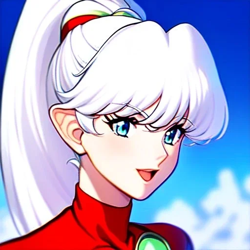 Clear focus, 8k, Elf, 80s style, White hair, ponytail, hair in between the eyes, up close,
