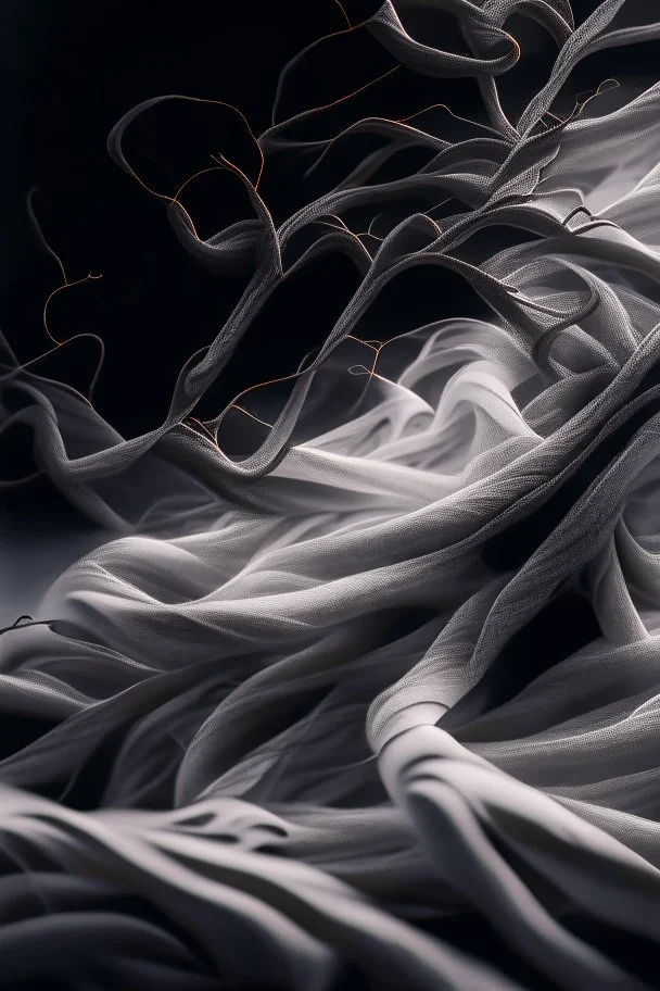 Multiple entanglements between a twisted thin piece of cloth as part of many twisted and spiraling branches disappearing into the distant mist, epic photo, sharp on highly detailed skin with wrinkles and high contrast, photorealistic, 4K, 3D, realism, hyperrealism, detail, good lighting, detailed texture, modern photography style, 3D, 4D, 4K