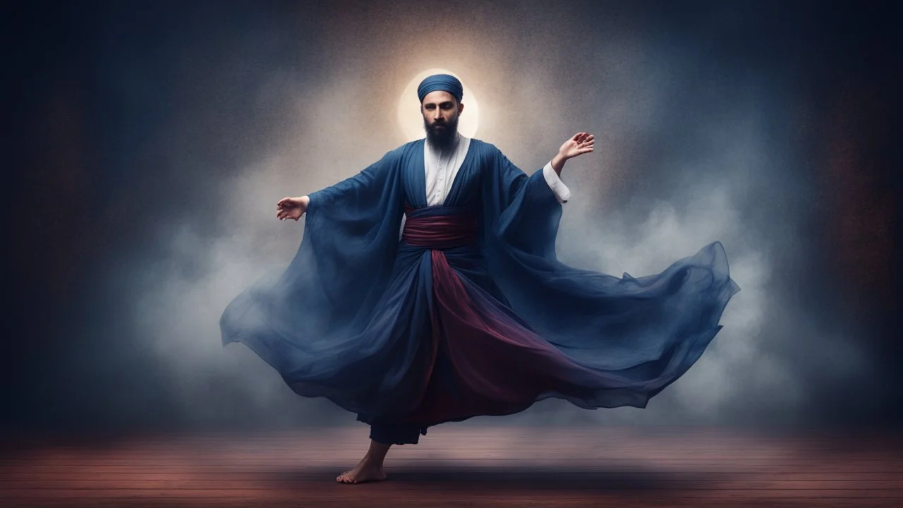 Hyper Realistic Mystical Sufi Dance with navy-blue cloth on maroon dark grungy rustic foggy background at night & Glowing-Islamic-Pattern