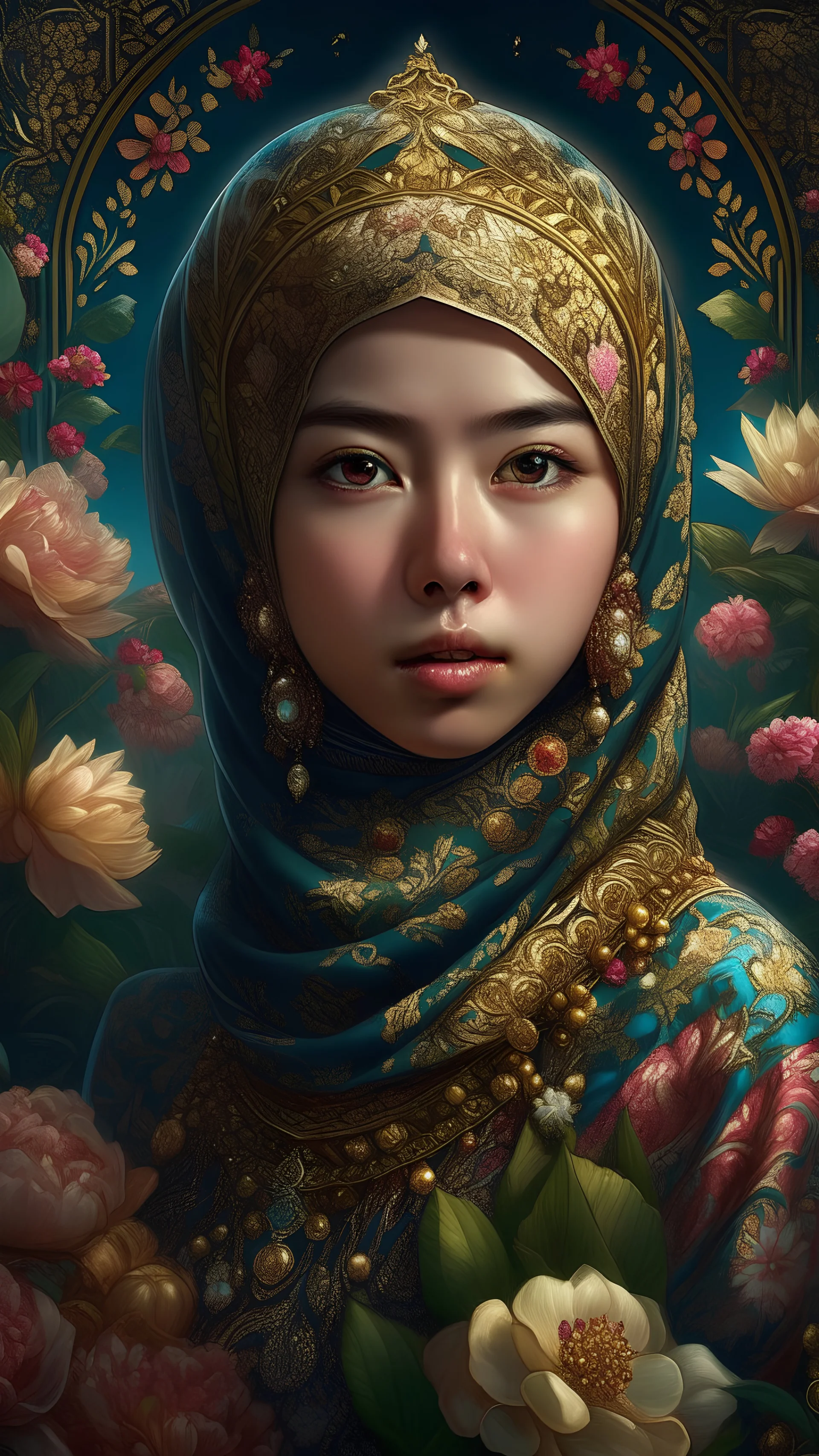 Beautiful face Indonesia hijaber Princess front view portrait, adorned with giant Jasmine, and lily flower ,roses , golden pearls , zafir gemstone headress, wearing floral, lace, pearls, zafirs ornate indonesia costume, organic bio spinal ribbed detail of Indonesia style full jasmin and rose and persian garden background by the moonlight extremely detailed hyperrealistic maximalist portrait art, 8k, UHD