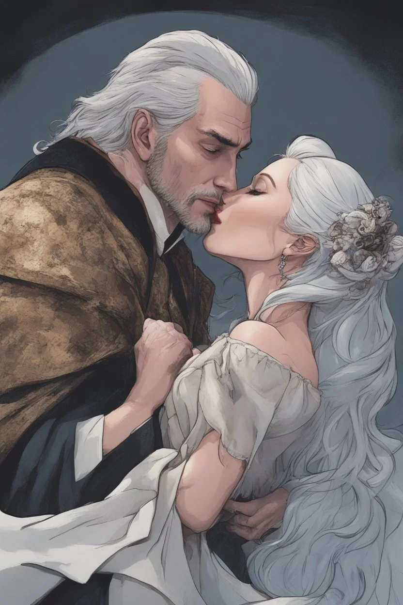 Strahd Von Zarovich being kissed by a beautiful woman with white hair, wearing an off the shoulder dress. Settling and background are a lavish toomb with an ebony coffin.