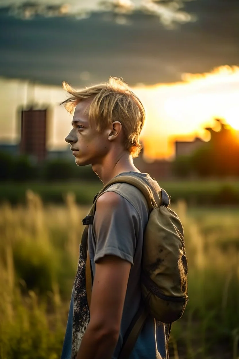 A profile photo of a handsome fifteen year old boy wearing an old backpack standing in a field with an abandoned city skyline in the background, short blond hair, ripped tank top and torn shorts, sunset, tall grass, bright colours, lonely landscape, cinematic photography, high resolution, high quality, highly detailed.