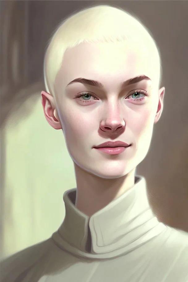 full colour drawing, portrait, 22-year old friendly slender female human cleric, shaved head, blonde eyebrows, grey eyes