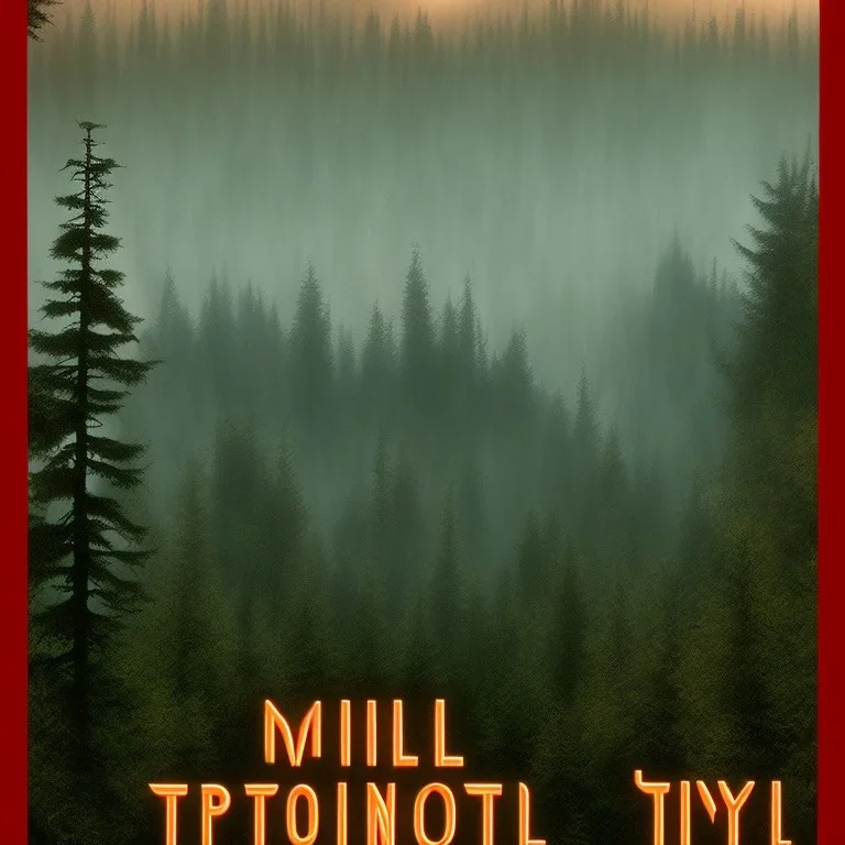 "Twin Peaks" movie poster, woods, mist, mountain, by david lynch, hotel, red and green