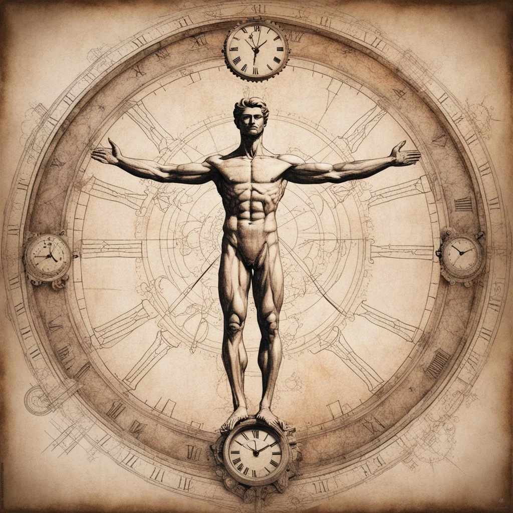 double exposure Michelangelo's Vitruvian man and clock hybrid, arms and legs are clock hands pointing to roman numerals, color line art sketch, cog and gear, masterpiece, sfumato, complex contrast, dynamic composition, grand design