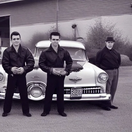 a 50s Greaser BAND standing in front of a hot rod