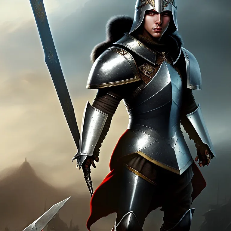 a pretty boy in armor, without beard, Has grey eyes, black hair.