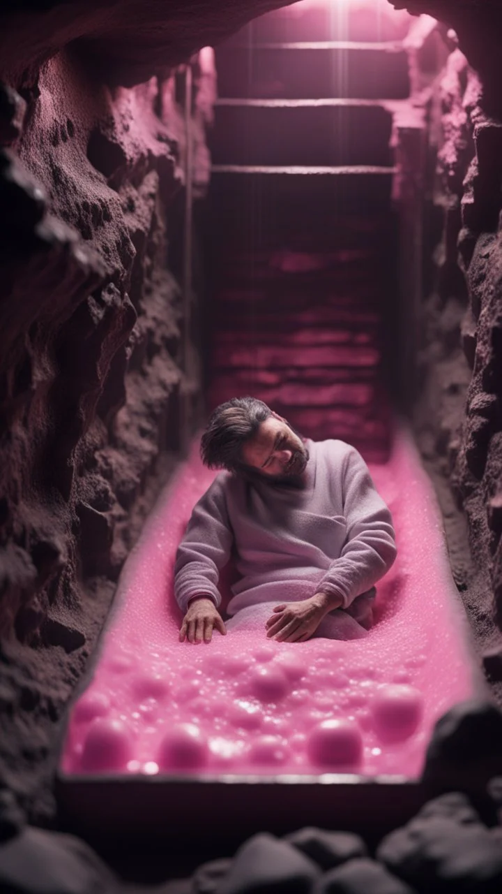 full body portrait of soap star sleeping in a sarcophagus filled with calm transparent pink embalming liquid inside coal mine shaft,bokeh like f/0.8, tilt-shift lens 8k, high detail, smooth render, down-light, unreal engine, prize winning