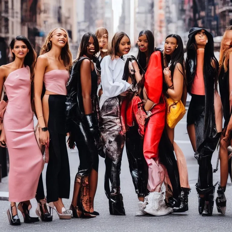 photo of a group of beautiful models wearing high fashion clothes posing and smiling, big smile, balenciaga, yeezy season, photorealistic photography, colourful, high contrast, new york city, street, fashion photography, high resolution, 8k, moody, hard light, gen z, wide angle lens