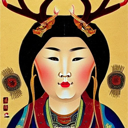 Mongol Goddess with antlers, portrait, detailed