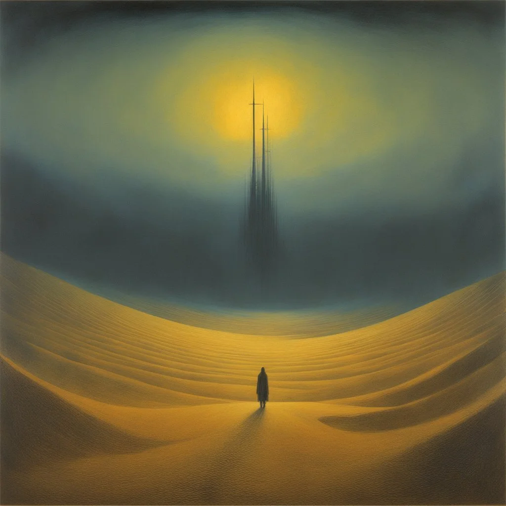 [art by Zdzisław Beksiński] I saw a structure rise, a beacon in the haze, Perhaps the answers I craved were hidden in its maze. With weary steps, I reached the holy town, But the truths I sought forever eluded my frown. Wandering these dunes, a mystery unbound, Visions and memories, swirling all around. What forces brought me to this alien ground? A soulful lament, my heart's resound.