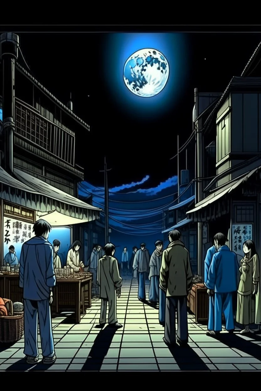 THE MOON HIDDEN SHADOWY FIGURES in old busy market meeting big brother STYLE OF HIROKU OGAI