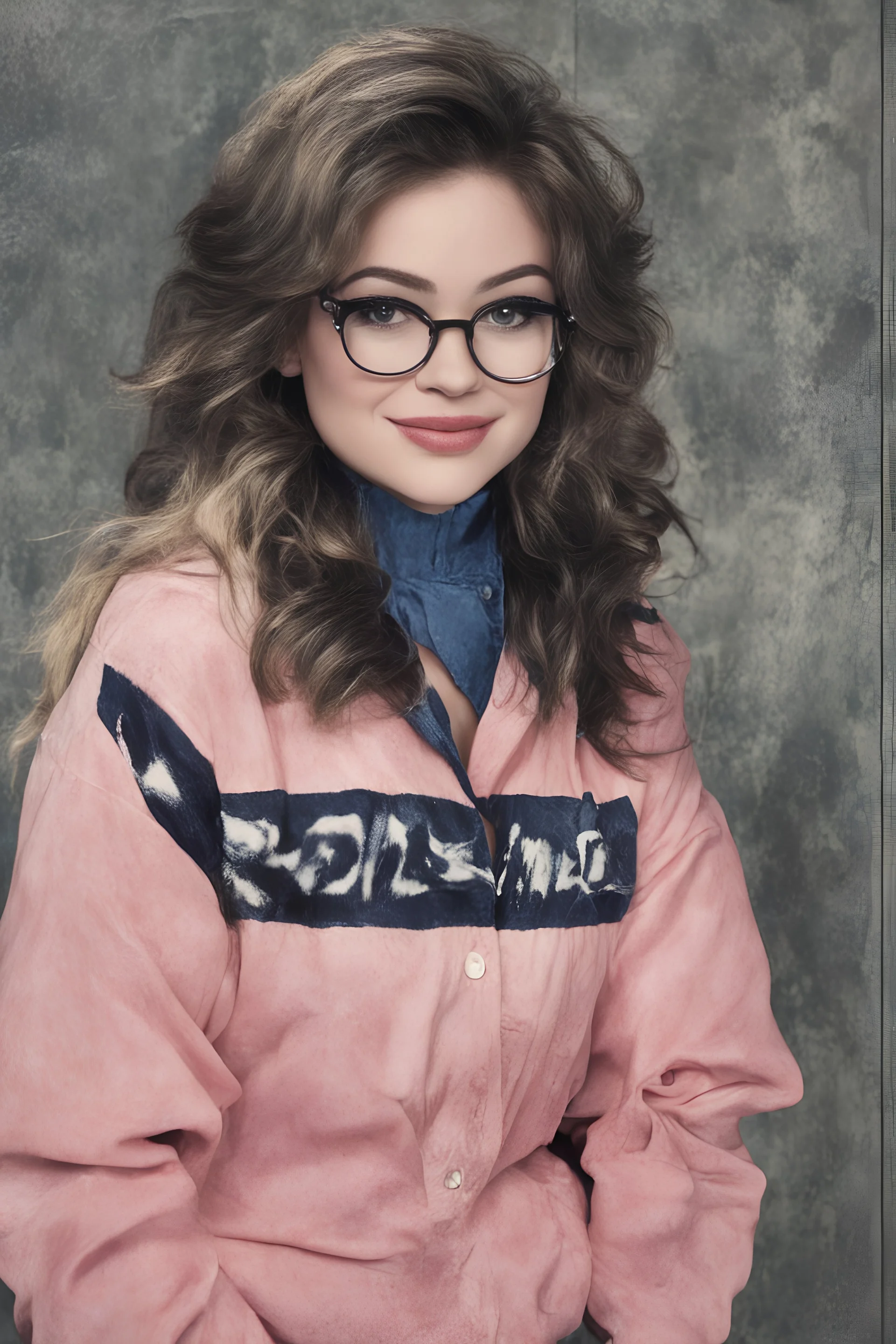 1980's yearbook photo, Lucy Hale/Dolly Parton hybrid, 1980's clothing and hair styles, 4k UHD, photorealistic, ((big, full, plump, pouty lips:1.5)) black hair, big cat-eye eyeglasses, dark blue foggy gradated marble wall background - Lucy Hale is so hot it makes me all warm and fuzzy just looking at her face