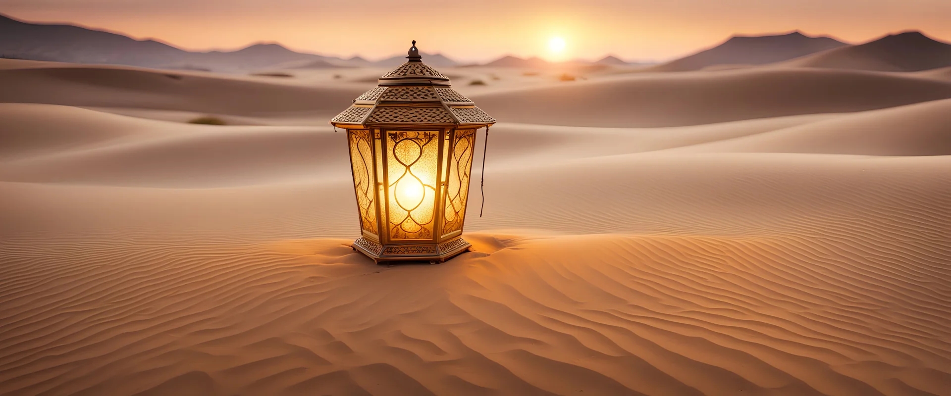 Illuminated golden oriental lantern lying on the sand in the desert dunes at sunset