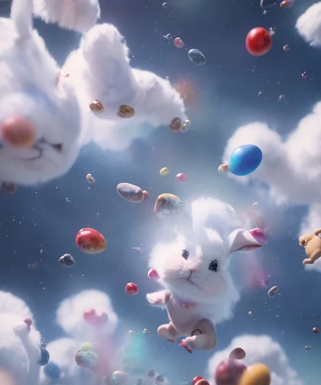 Ultra realistic speed clouds sky scene, wide angle view, childs falling down with many Childs background, rabbit head, circus dress style, feather color, free jumping flying, many trinkets, hair monster, many jelly beans, balls, color smoke, smile, happy, extreme, wind, clouds sea, 20,000 feet altitude, stratosphere, soft color, highly detailed, unreal engine 5, ray tracing, RTX, lumen lighting, ultra detail, volumetric lighting, 3d, finely drawn, high definition, high resolution.