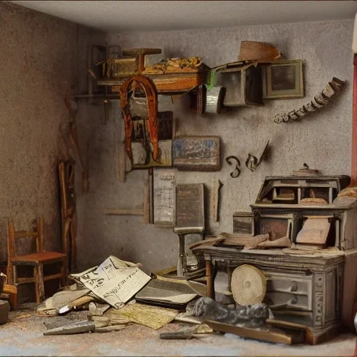 Diorama with old stuff in a room