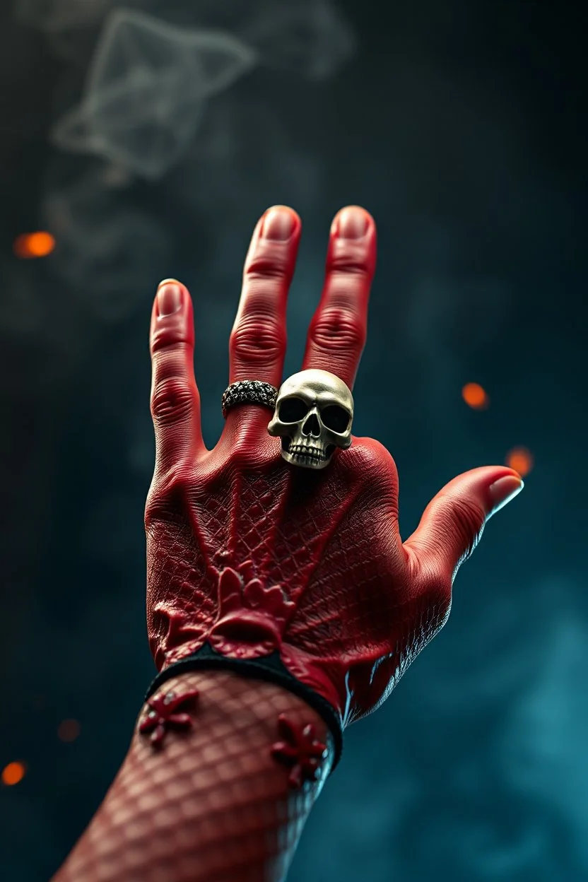 A zoom in palm hand with a ring in the index finger on it a skull, red skin, scales, unreal engine 6, high detail, intricate, cinematic. photoshoot style, intricate, studio lighting, masterpiece , highly detailed, 8k, best quality, fire, smoke, dramatic,d,<lora:mshn:0.7>,<lyco:Warrior_Couture:0.5>,