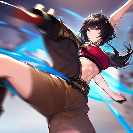 Clear focus,High resolution, Black short fluffy hair, long bangs, and pink eyes, Depressed girl, wearing a crop top sleevless, brown raggidy shorts, short black fingerless gloves, Concept art, Kicking pose, black long boots, fighting pose, Extreme Close up