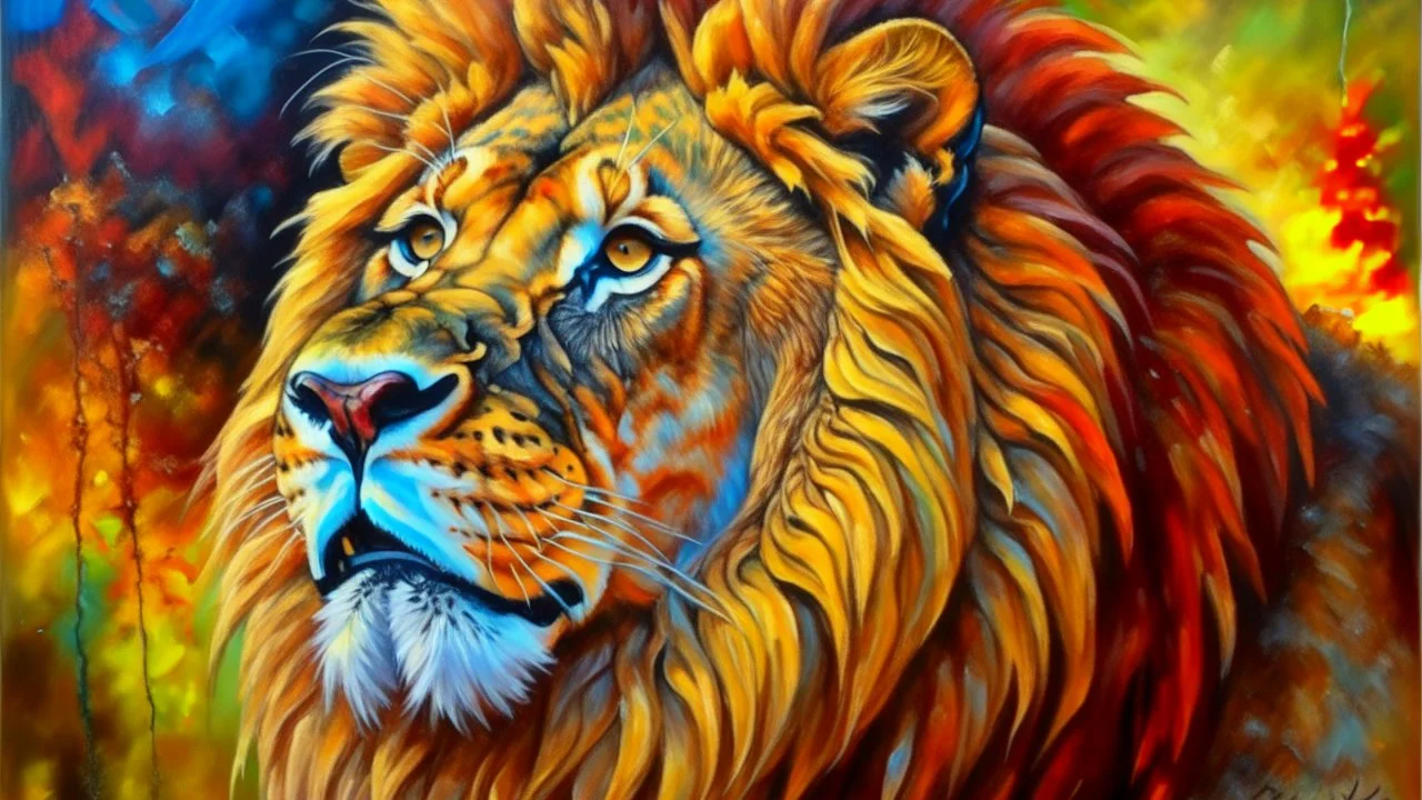 oil painting, lion, majestic, festive, divine, beautiful composition, exquisite detail