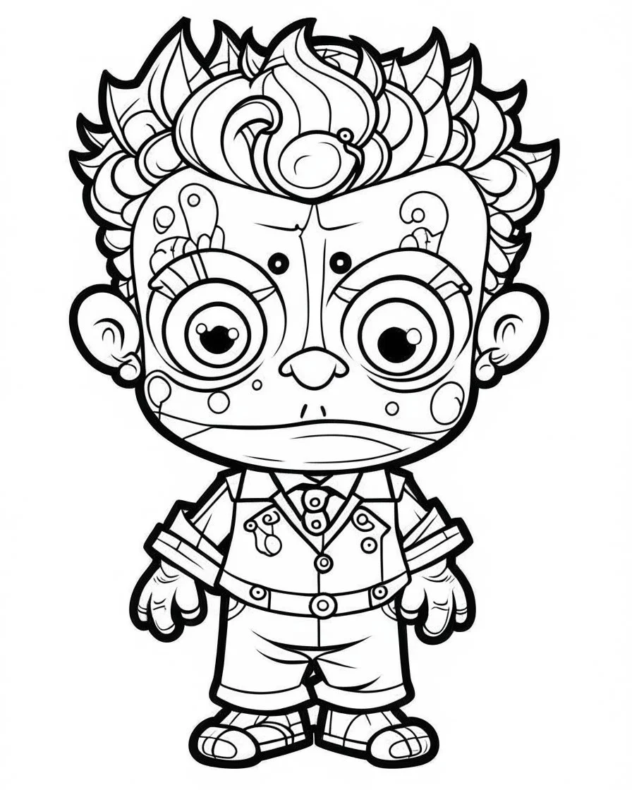 outline art for halloween coloring pages for kids with cartoon cute happy frenkeinstein , white background, Sketch style, full body, only use outline, clean line art, white background, no shadows and clear and well outlined, coloring page for kids, kawaii style