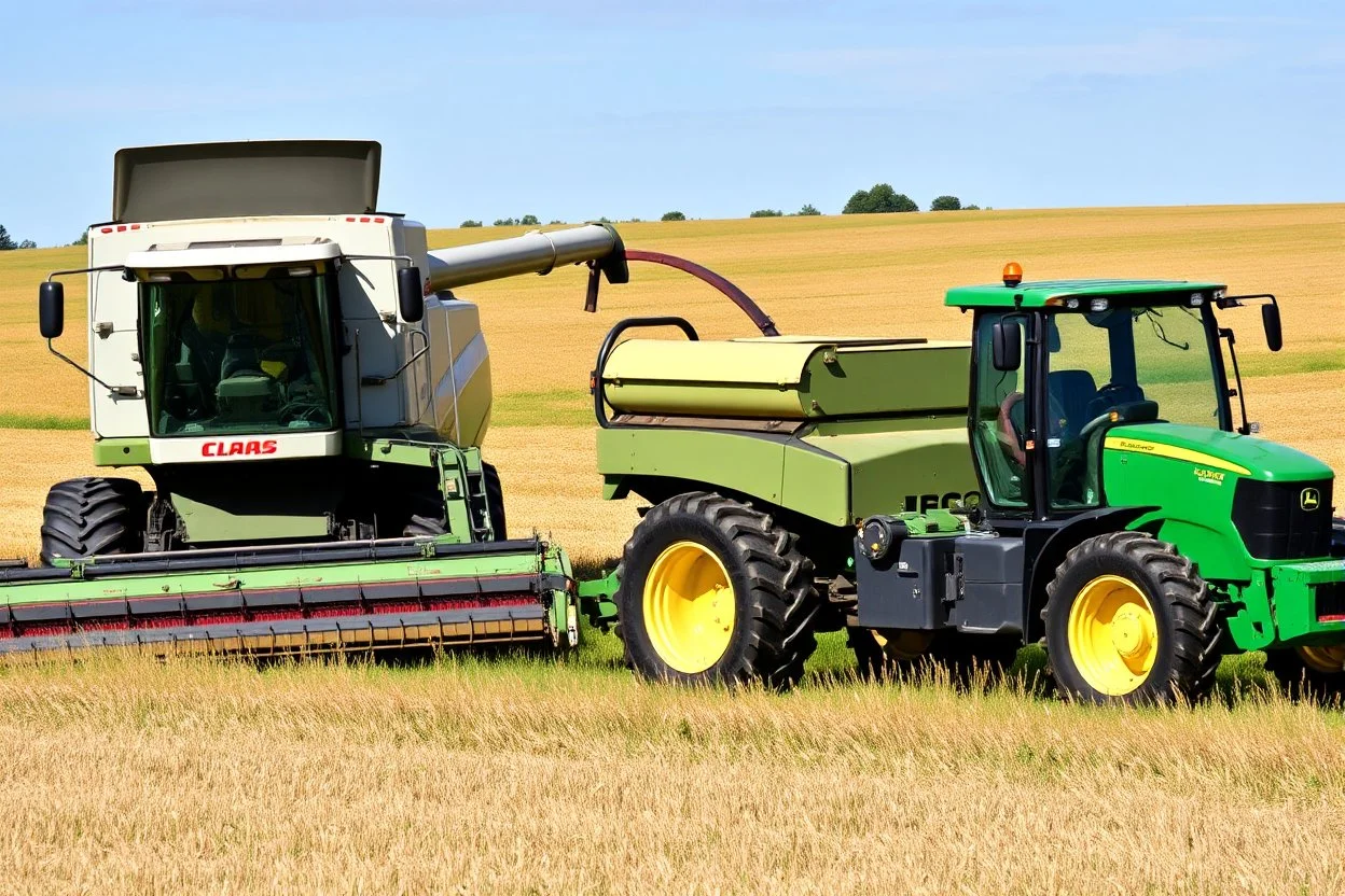 Parked at the edge of a field is a Claas brand Combine and a John Deere Tractor with seeder