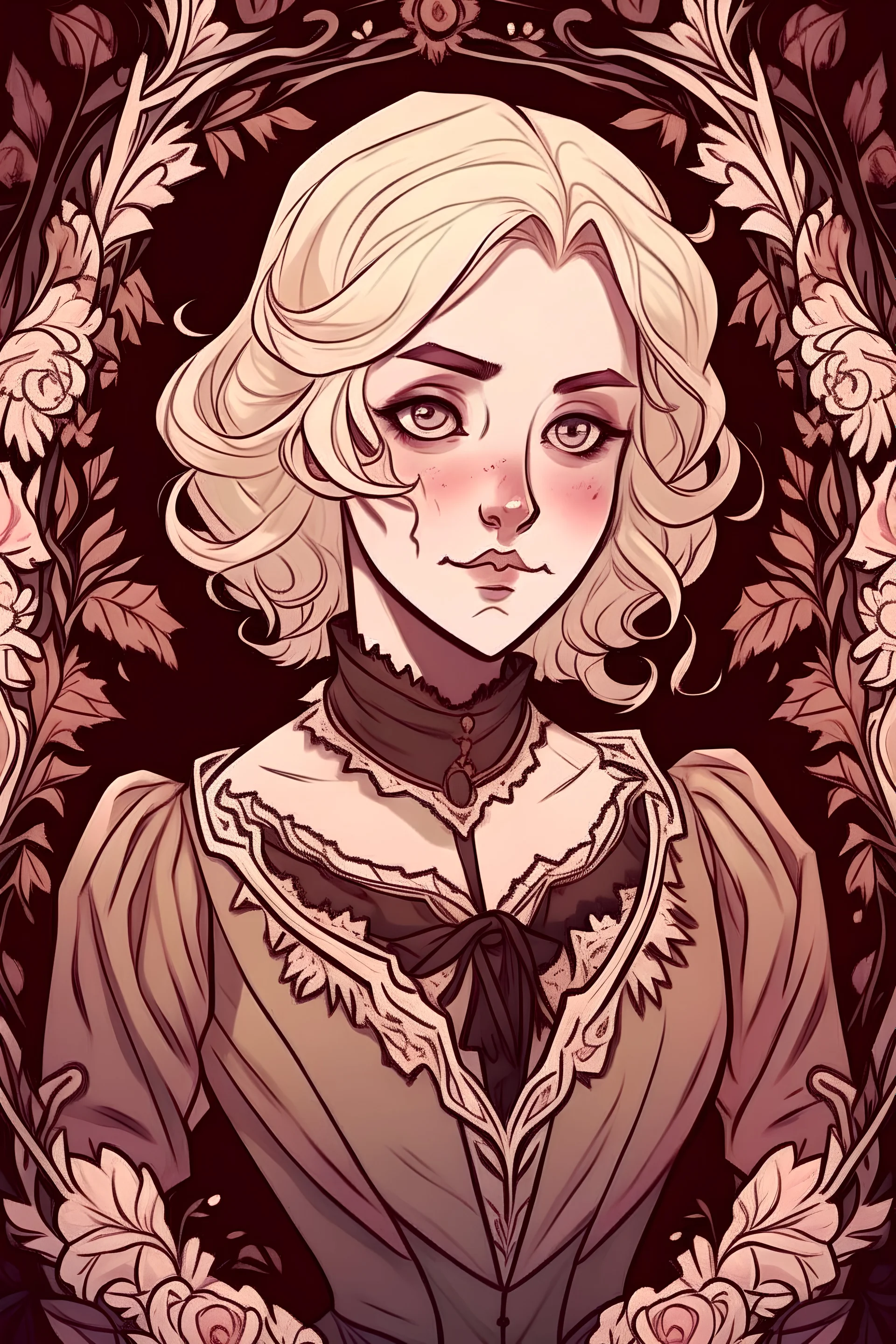 A cartoon character concept art. A blonde Victorian lady . Beautiful face. Dark muted earth tones. Flowers and vines in the background