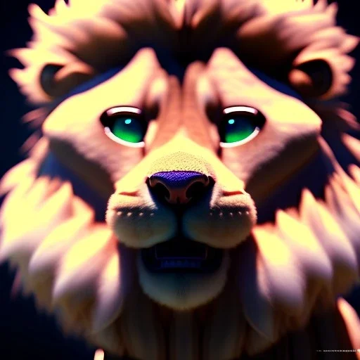 3d fluffy Lion, closeup cute and adorable, cute big circular reflective eyes, long fuzzy fur, Pixar render, unreal engine cinematic smooth, intricate detail, cinematic