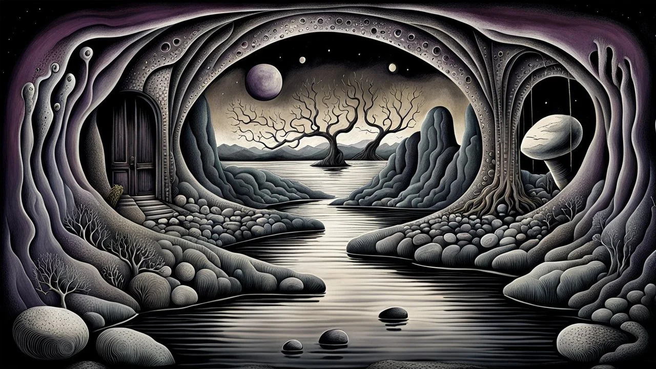 painted inner world with uncontrolled mind and neurodivergens soul, floating rocks over surreal cracked weird landscape . between two dark door one stone bridge over black river, . deep dark purple, gray, black, white, brown, malachit, cream color. Whimsical strange style of Chagall, of Quentin Blake and of Anton Semenov. No people in picture, weird absurd beauty nightmare, black shadow, in background neuronic network, surreal vibe,