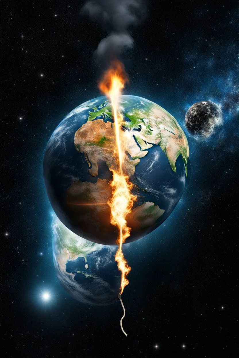 Earth like a bomb with ignition string burned by a dollar bill , background the universe