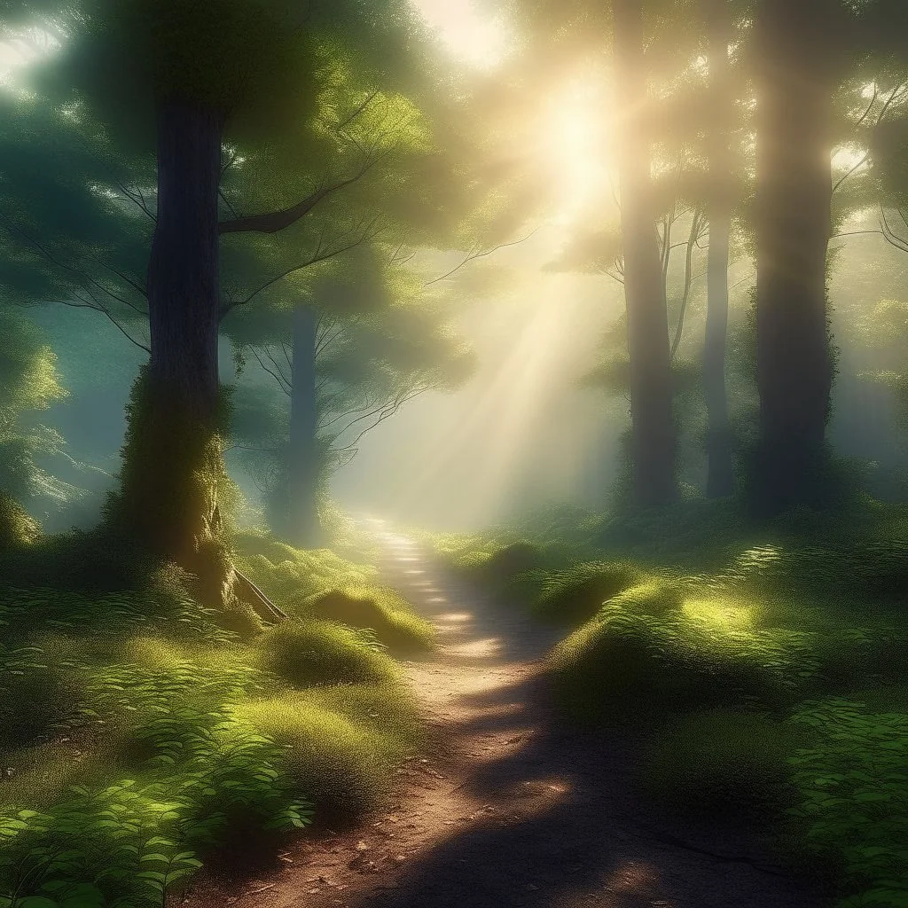 Stunning cinematic 3D rendering of forest at dawn, revealing a captivating blend of enchantment and mystery. Forest path lined with dense green leafed trees. The morning sun casts its soft glow over the scene, illuminating the path. The intricate textures and lighting give the image a sense of depth and realism, drawing the viewer into the magical world and creating an immersive experience. Fotorealista, hiperdetallado