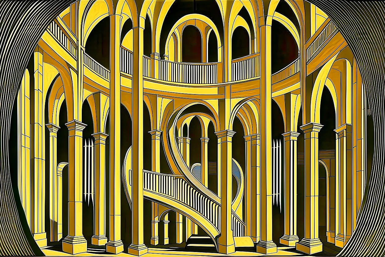 arches arranged in a semicircle, in the middle a slim round tower with an external spiral staircase, symmetrical, by artist "de Chirico",by artist by artist "Escher"