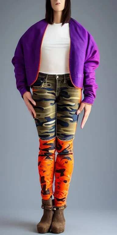 Model, woman. sérigraphie on denim with orange,terracotta, cream and purple colors. Camouflage patterns are screen printed on denim. Brunette woman in her 30's. thick thighs, thick calves, flat belly, wide hip. Mantle is sewed of recycled Denim and sewed together of camouflage pieces. It is with big bright purple felt tippet and cream-colored-hood. mantle is merged with satchel. Style: Haute Couture in 1920's and 1990's in New York. Paris in 2023