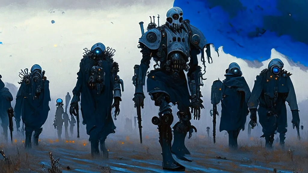 Bio-engineered undead robot army marching, machine army, weapons, tactical wear, gas masks, dark winter landscape, techno gothic aesthetic, epic, science fiction painting, Denis Sarazhin, Alex Colville, Simon Stålenhag, Neil Blomkamp, Frank bowling, Christopher Shy, Alejandro Burdisio, Tye MRAW, gritty, high contrast, atmospheric horror art, suspenseful, vivid, neon overlay, glitch grunge, harsh textures, dramatic, surreal horror, gestural, retro futuristic, nightmarish art, apocalyptic art,