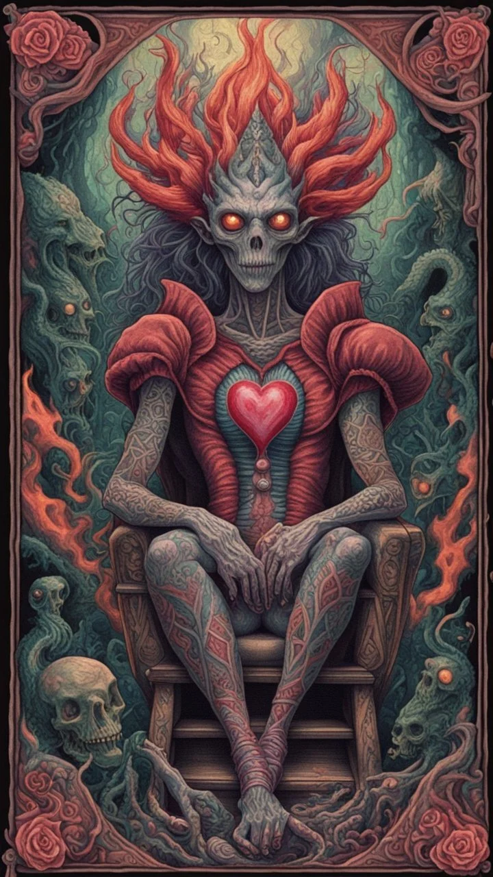 twisted valentine flaming heart patch tattoos, Geiger & Escher, alchemy, framed playing card hell, close up portrait of a happy blessed ancient magical scaly slimy weird alien mad max queen of hearts on a throne, holding a burning sceptre, in a space alien mega structure with stairs and bridges woven into a sacred geometry knitted tapestry in the middle of lush magic jungle, bokeh like f/0.8, tilt-shift lens 8k, high detail, smooth render, down-light, prize winning