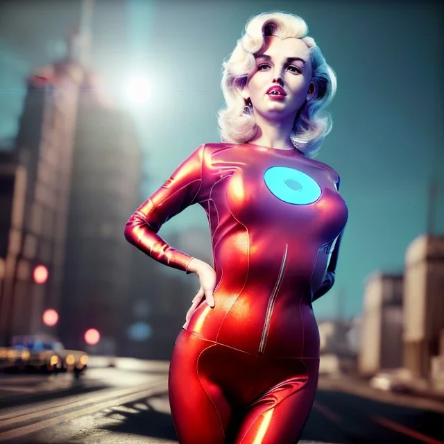 Realistic press image, retro sci-fi, portrait, waist up view, blonde woman, sweet Marylin Monroe face, perfect iris, glow eyes. tight latex tights suit. Retro Futuristic city, cars flying. epic style, vibrant color, highly detailed, unreal engine 5, ray tracing, RTX, lumen lighting, ultra detail, volumetric lighting, 3d, finely drawn, high definition, high resolution.