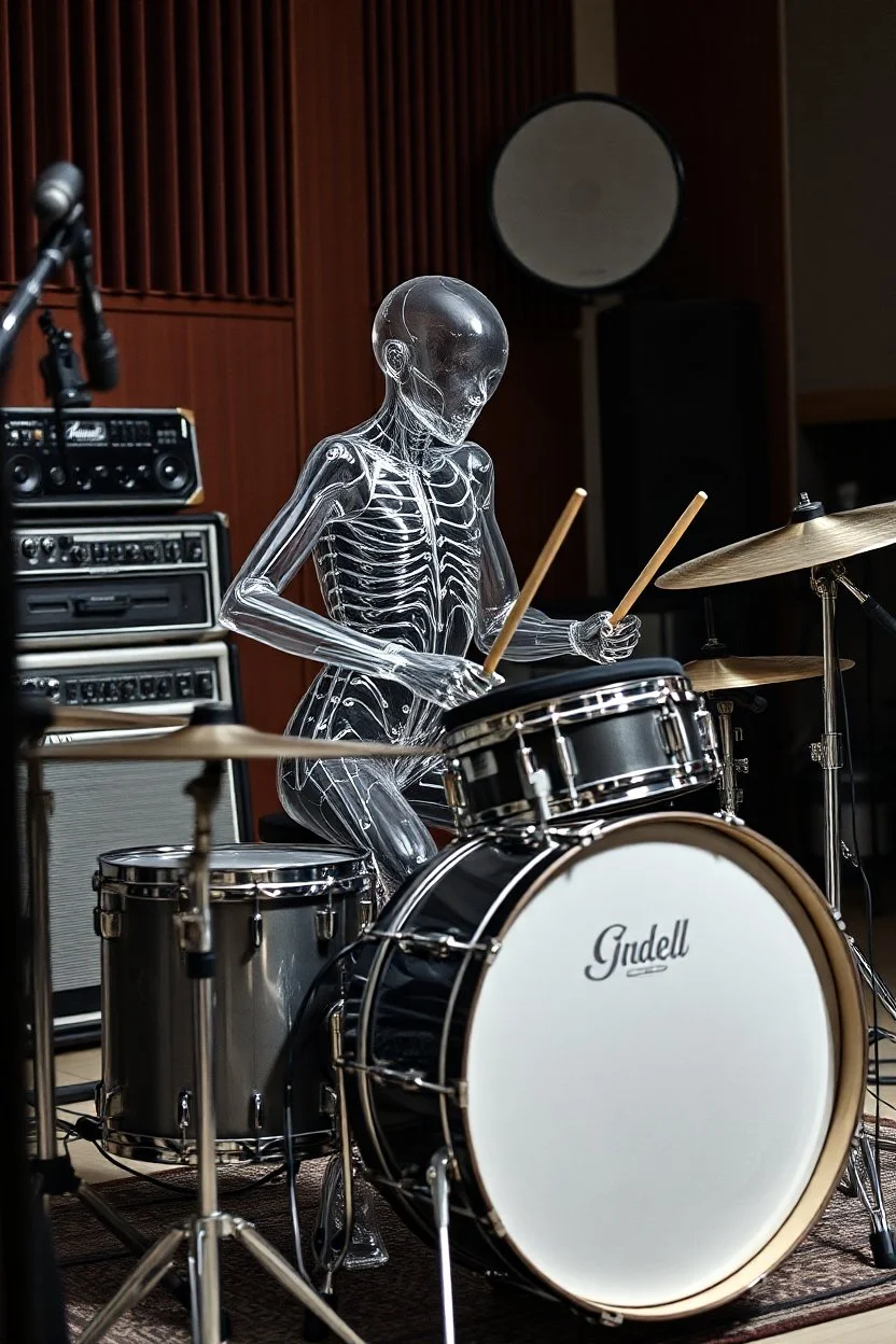 The whole body of Maniquí de glassy Artist mader playing the Drums , studio gears in the background