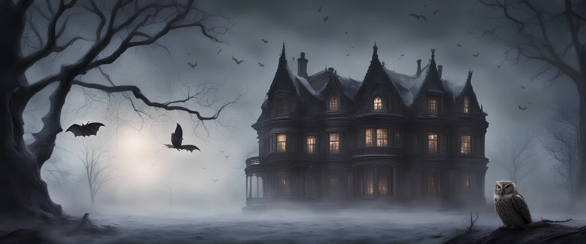 Hyper Realistic bats flying behind a huge dark mansion with owl sitting on dry old tree at a foggy snowfall night