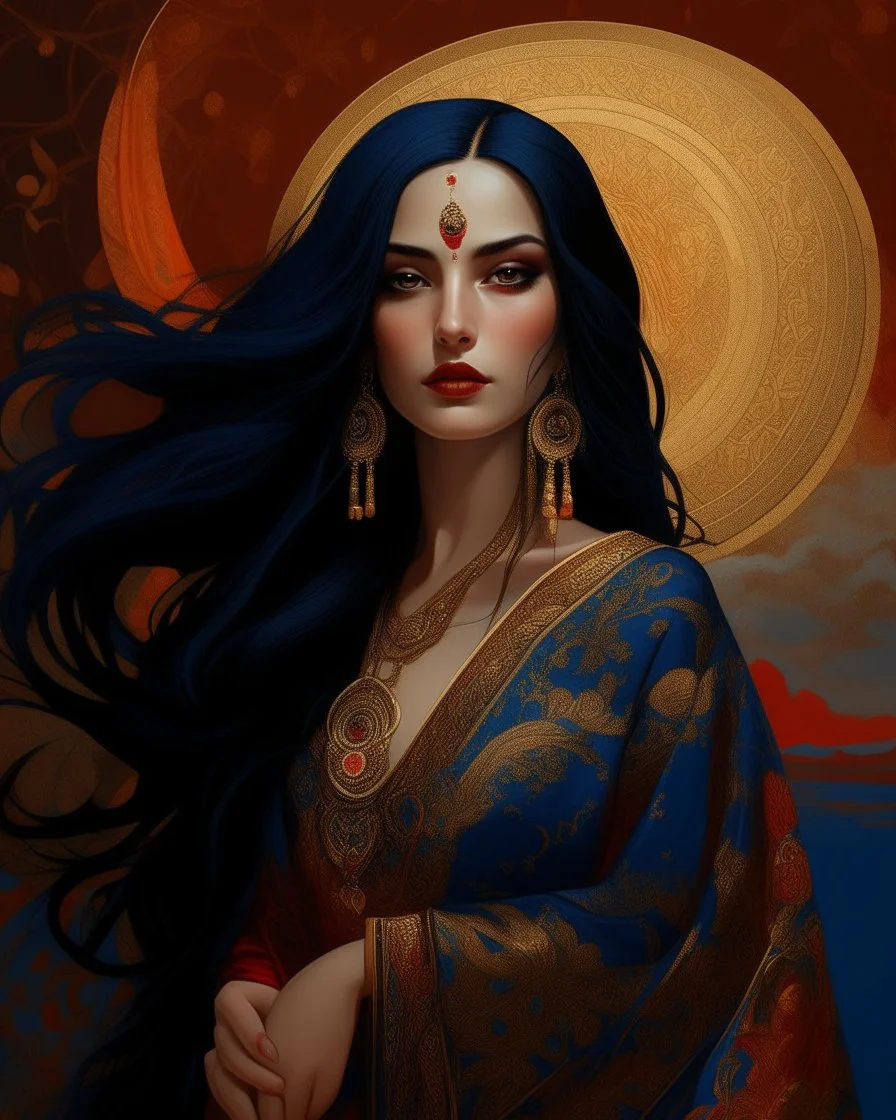 A painting in a highly stylized, cinematic art style depicts a beautiful woman with long, flowing dark hair and dark eyes, adorned with a red bindi on her forehead and red lipstick. She is wearing an elaborate robe composed of dark blue, blue, gray, and gold fabric with a pattern of gold circles and abstract shapes, including some red and orange elements. The woman is positioned with her right shoulder partially exposed, revealing a glimpse of her dark skin. Her dark hair cascades dramatically a